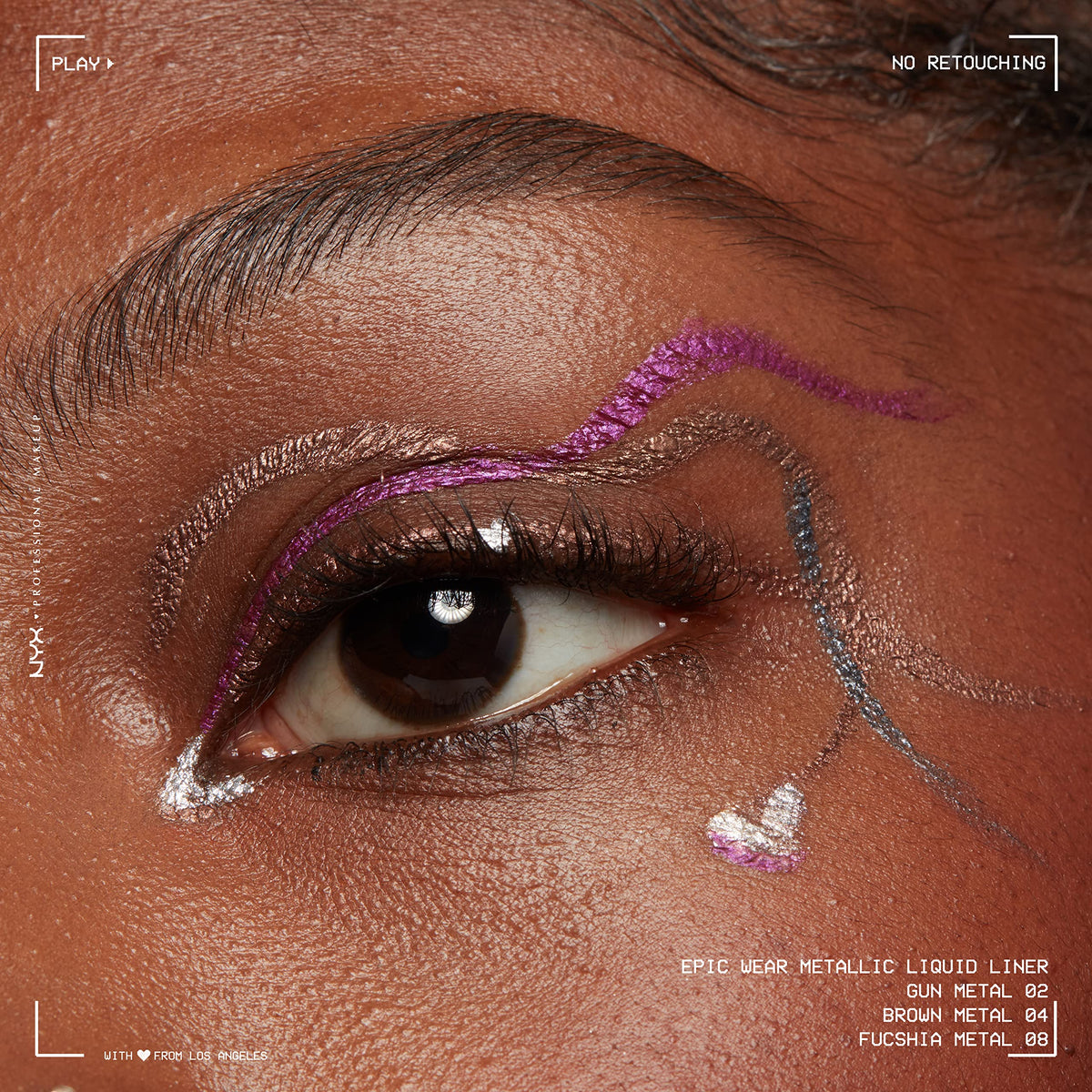 NYX PROFESSIONAL MAKEUP swatches on skin showing brown metal reflect and buildable pigment