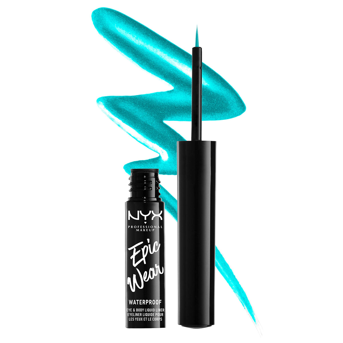 NYX PROFESSIONAL MAKEUP front packaging showing teal metal liner and branding benefit long wear
