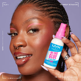 NYX PROFESSIONAL MAKEUP model wearing evening makeup set with The Face Glue, shows long lasting vibrancy