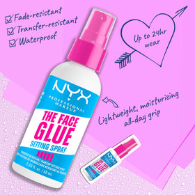 NYX PROFESSIONAL MAKEUP spray mist from The Face Glue in motion, demonstrating even application and fine mist