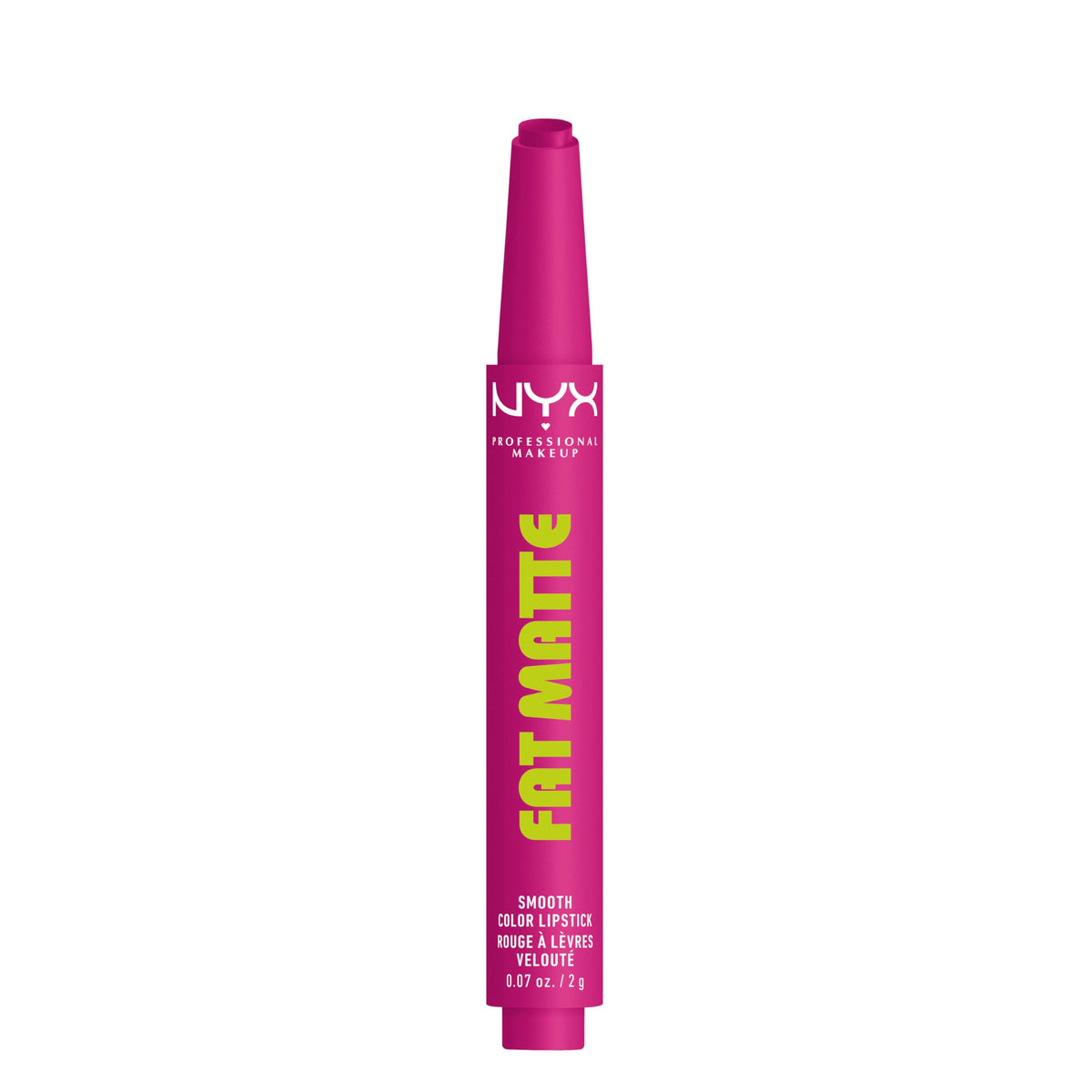 NYX PROFESSIONAL MAKEUP front packaging showing Fluffy Fuchsia and payoff