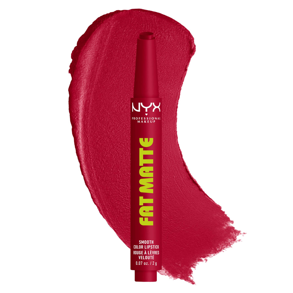NYX PROFESSIONAL MAKEUP fat matte front view showing sleek crayon and ruby shade benefit: easy visibility