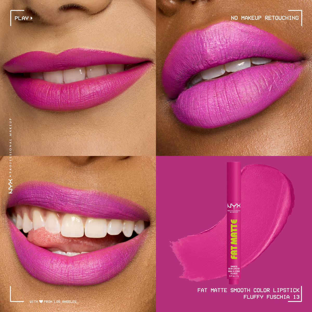 NYX PROFESSIONAL MAKEUP crayon applied on lips showing vivid Fluffy Fuchsia color payoff