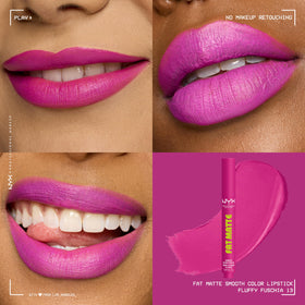 NYX PROFESSIONAL MAKEUP crayon applied on lips showing vivid Fluffy Fuchsia color payoff