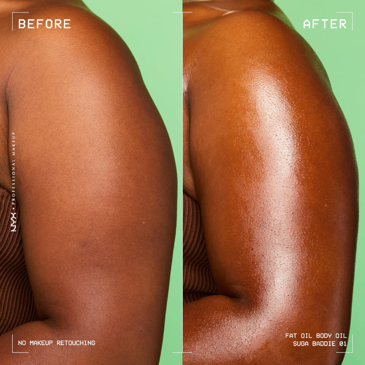 NYX PROFESSIONAL MAKEUP before and after legs demonstrating visible shine and smoothness benefit