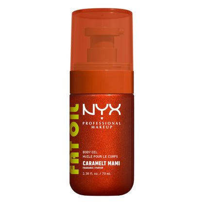 NYX PROFESSIONAL MAKEUP front packaging showing Caramelt Mami bottle and label, highlights product identity and shine