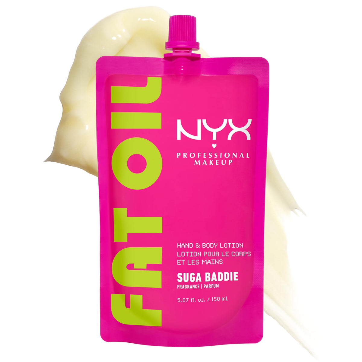 NYX PROFESSIONAL MAKEUP front packaging showing Suga Baddie lotion, clear branding and benefit