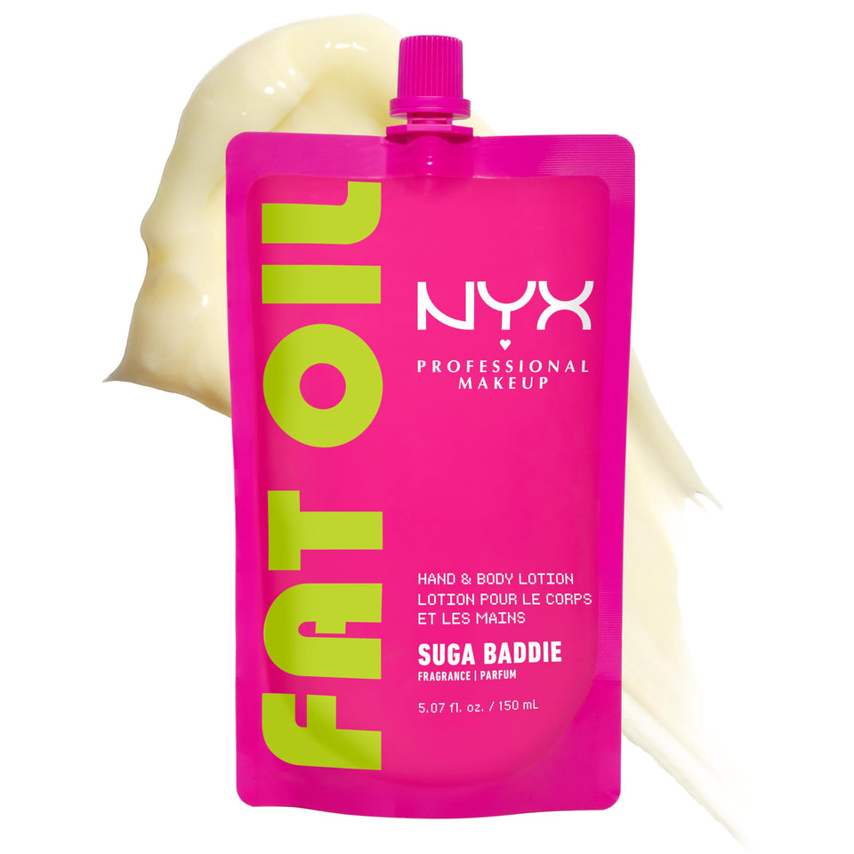 NYX PROFESSIONAL MAKEUP front packaging showing Suga Baddie lotion, clear branding and benefit