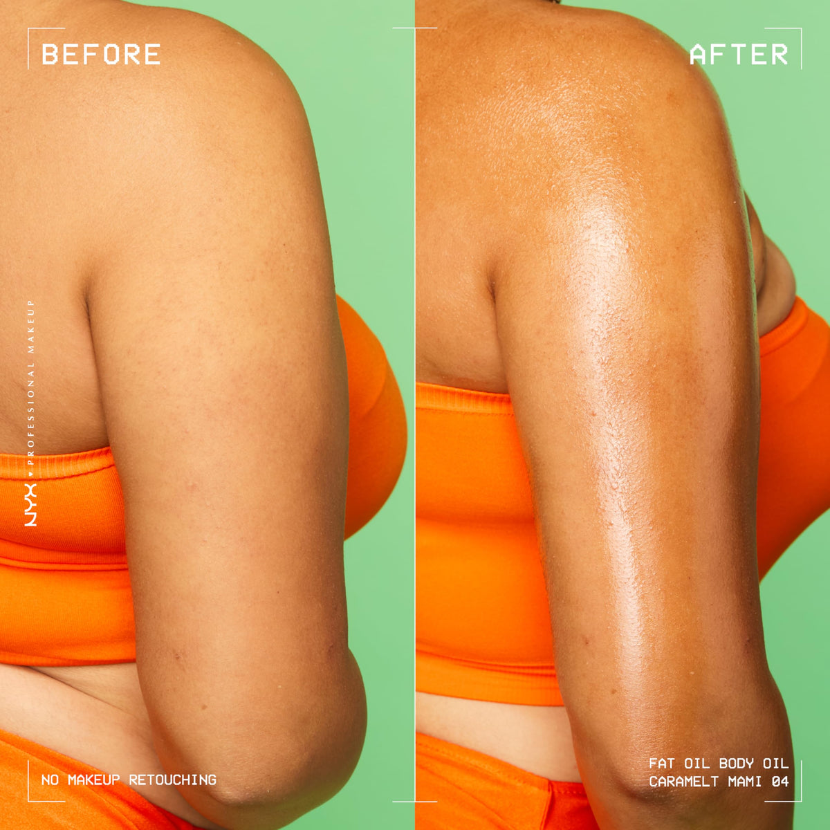 NYX PROFESSIONAL MAKEUP before-and-after glossy legs to display bronzed, luminous finish