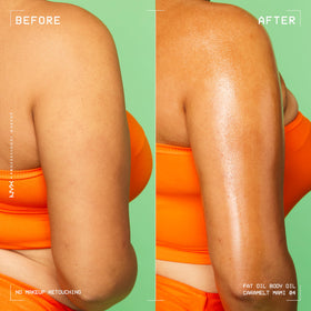 NYX PROFESSIONAL MAKEUP before-and-after glossy legs to display bronzed, luminous finish