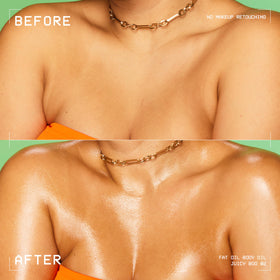 NYX Fat Oil applied on leg showing wet-look glossy finish and hydrated appearance benefit