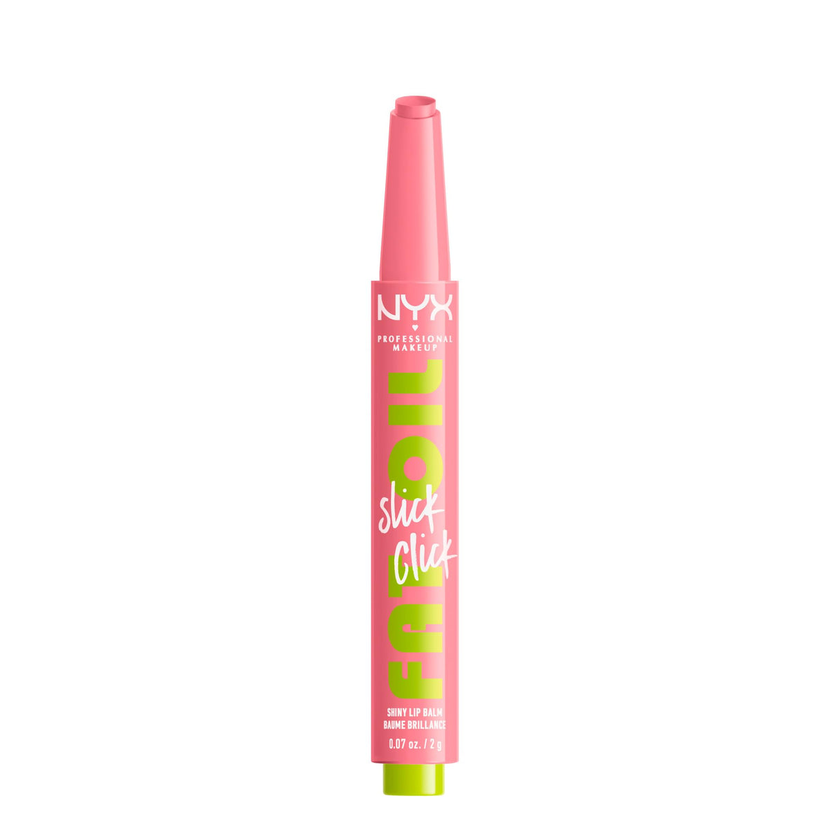 NYX PROFESSIONAL MAKEUP front view of Clout click lip balm shows sleek packaging and instant gloss
