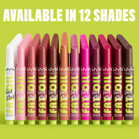 NYX PROFESSIONAL MAKEUP product on lips demonstrating glossy, comfy hydration finish