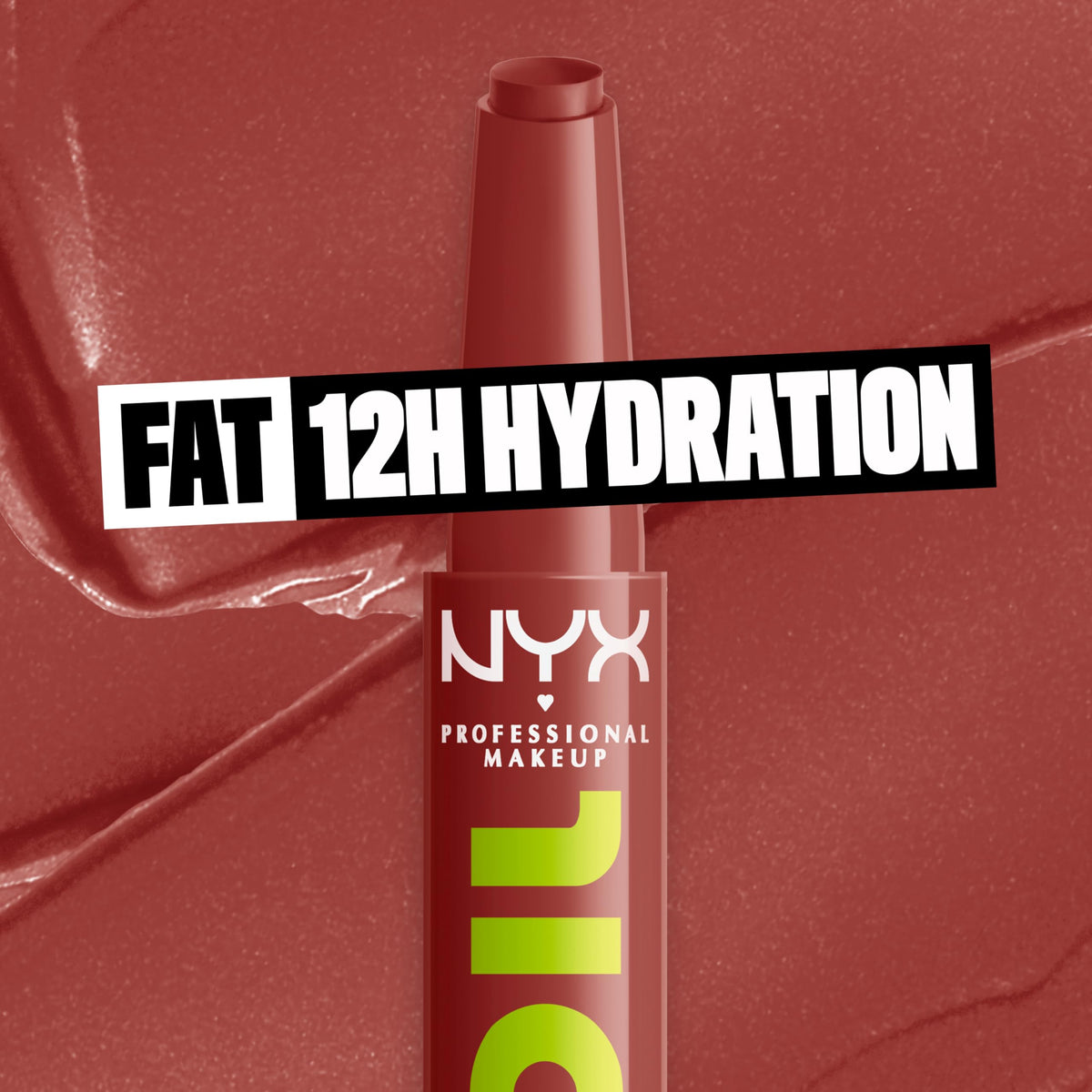 NYX Fat Oil Slick Click texture close-up highlighting lightweight, shiny formula