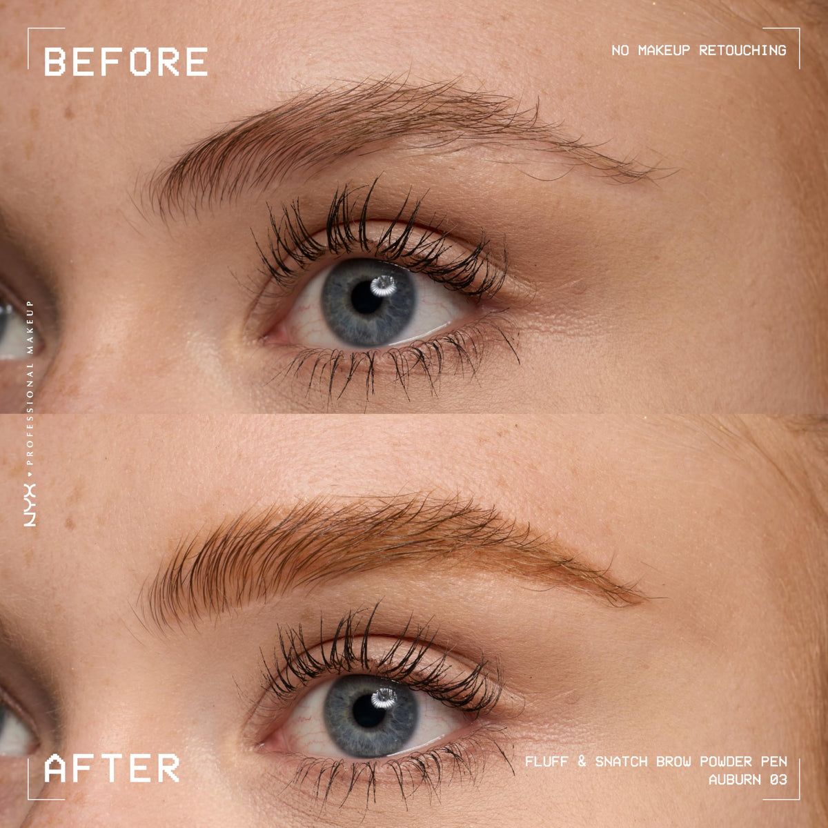 NYX PROFESSIONAL MAKEUP before-and-after comparison showing fuller, diffused brows after use