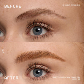 NYX PROFESSIONAL MAKEUP before-and-after comparison showing fuller, diffused brows after use