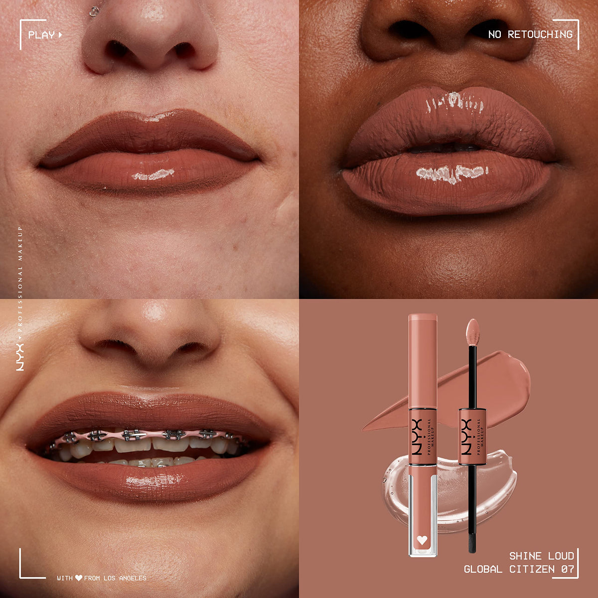NYX PROFESSIONAL MAKEUP lip swatch of Global Citizen medium neutral nude showing high shine benefit