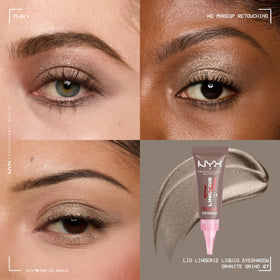 NYX Lid Lingerie swatches on arm showing Granite Grind payoff and blendability benefit