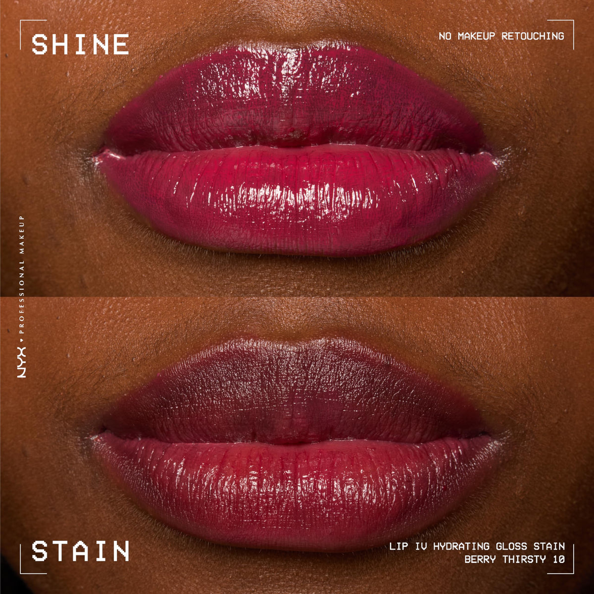 NYX PROFESSIONAL MAKEUP lips wearing Berry Thirsty demonstrating instant wet shine and coverage