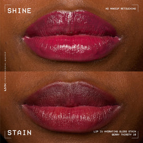 NYX PROFESSIONAL MAKEUP lips wearing Berry Thirsty demonstrating instant wet shine and coverage
