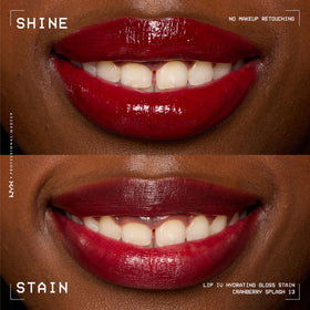 NYX PROFESSIONAL MAKEUP on-model closeup wearing Cranberry Splash, enhancing lips with glossy color
