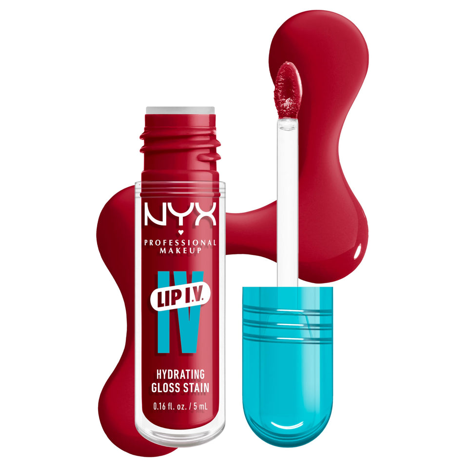 NYX PROFESSIONAL MAKEUP front packaging of Lip IV glossy stain showing bold red shade and brand