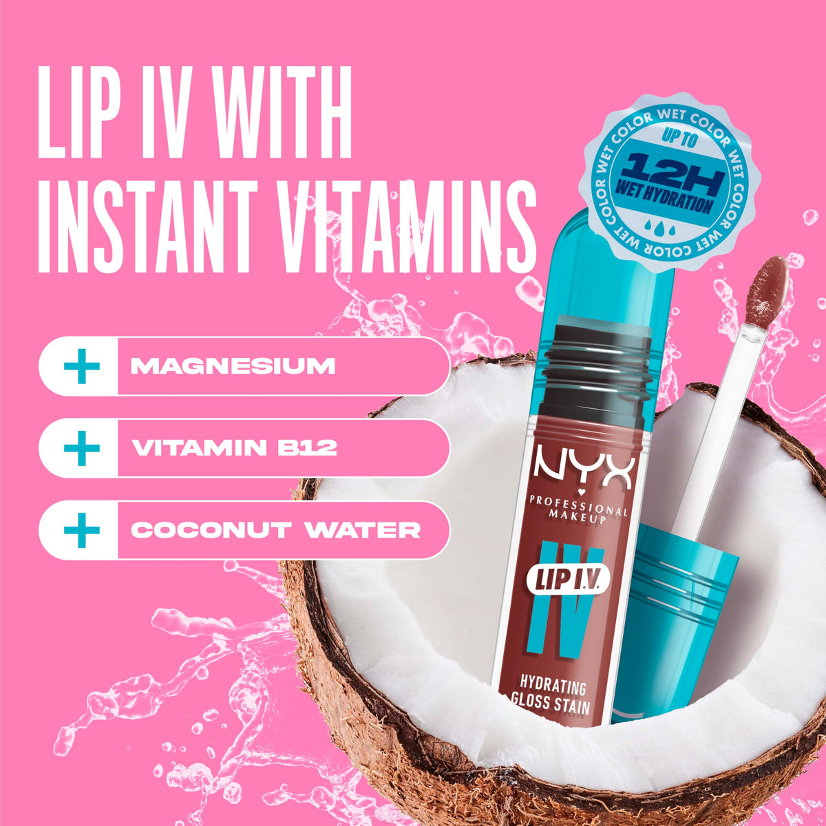 NYX Lip IV Hydra Honey on model smiling, showcasing hydrated glossy lips