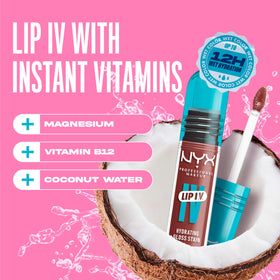 NYX Lip IV Hydra Honey on model smiling, showcasing hydrated glossy lips