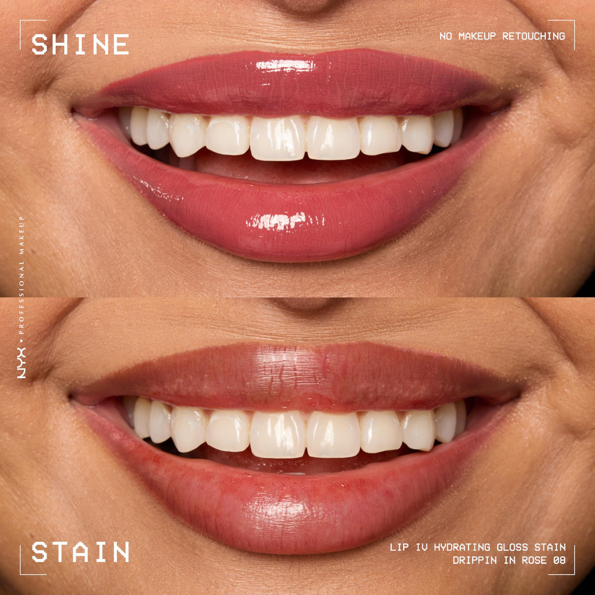 NYX Lip IV on model lips full smile highlighting instant wet shine and hydration