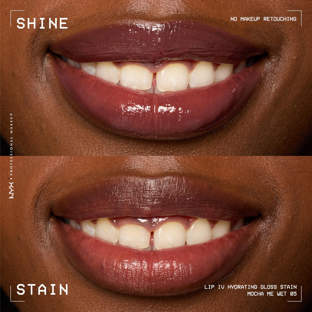 NYX Lip IV on model lips wet finish shows glossy brown pout benefit