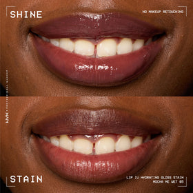 NYX Lip IV on model lips wet finish shows glossy brown pout benefit