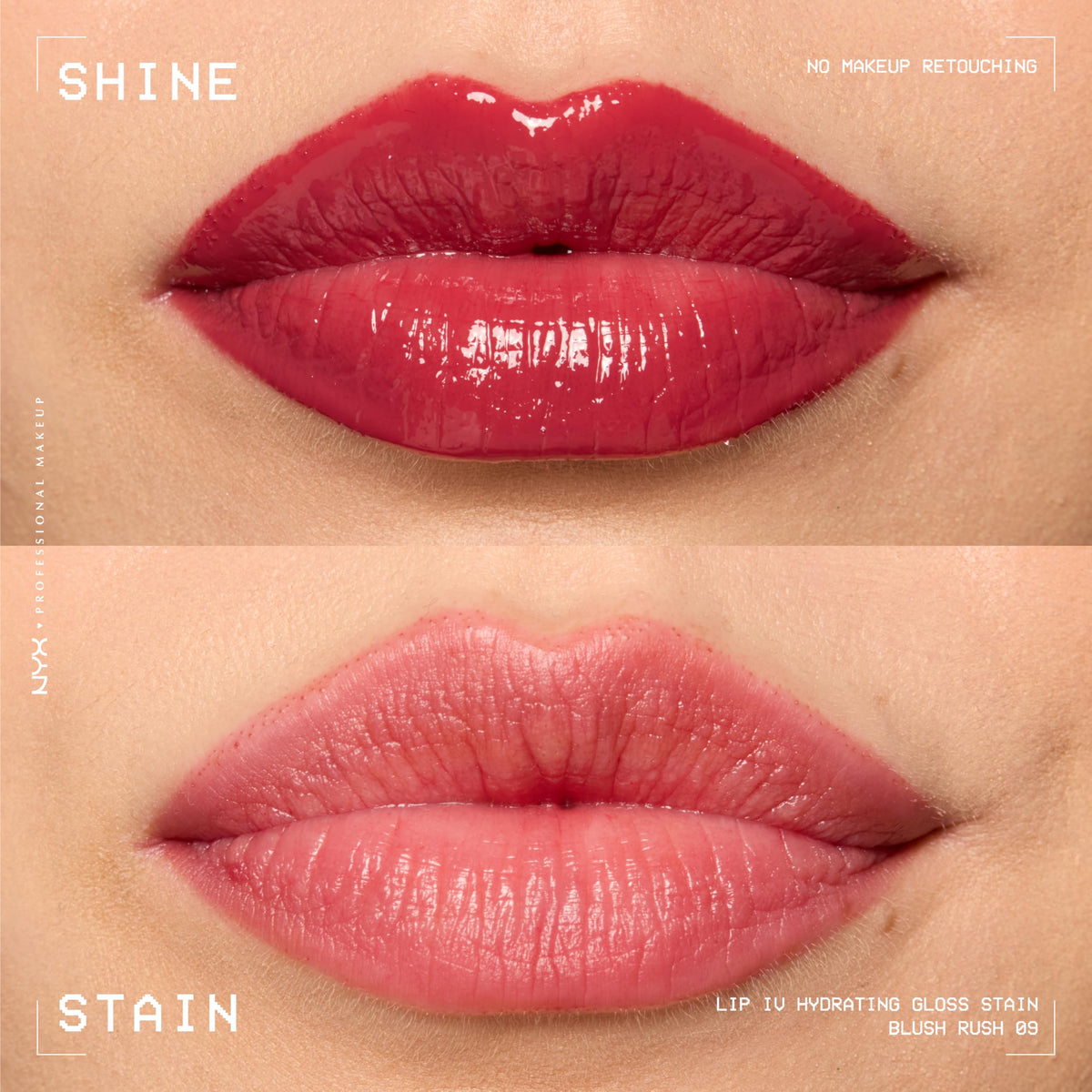 NYX Lip IV worn on lips close-up highlighting dewy shine and natural stain benefit