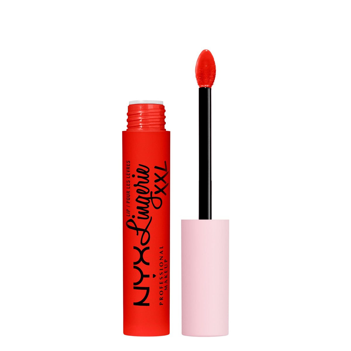 NYX PROFESSIONAL MAKEUP front packaging of Lip Lingerie XXL On Fuego showing bold red and brand benefit