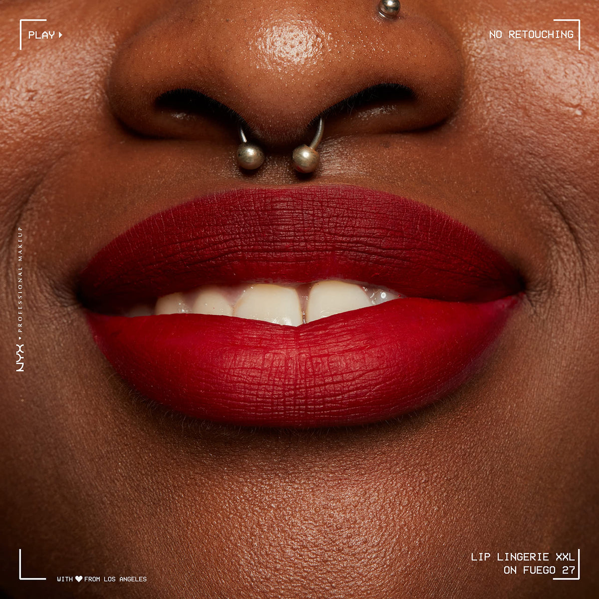 NYX PROFESSIONAL MAKEUP close-up of lips wearing On Fuego showing clean matte finish and full coverage benefit
