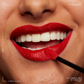 NYX PROFESSIONAL MAKEUP texture detail of Lip Lingerie XXL formula showing smooth matte surface and non-cracking benefit
