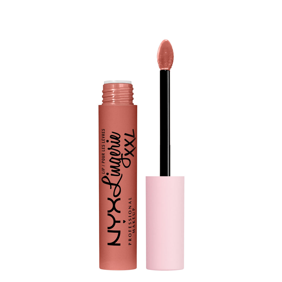 NYX Professional Makeup lipstick front view showing peach-nude shade and sleek tube benefit longwear