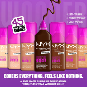NYX PROFESSIONAL MAKEUP textured dropper dispensing foundation illustrating smooth, blendable finish