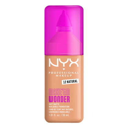 NYX professional makeup front packaging bottle showing shade 12 Natural benefit even coverage