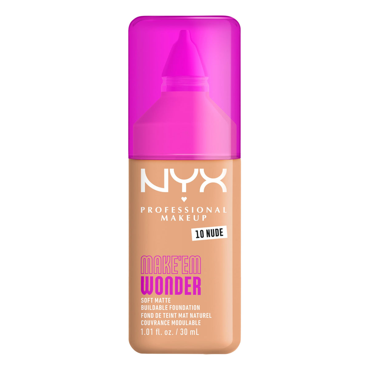 NYX PROFESSIONAL MAKEUP front bottle view showing clean packaging and shade label benefit