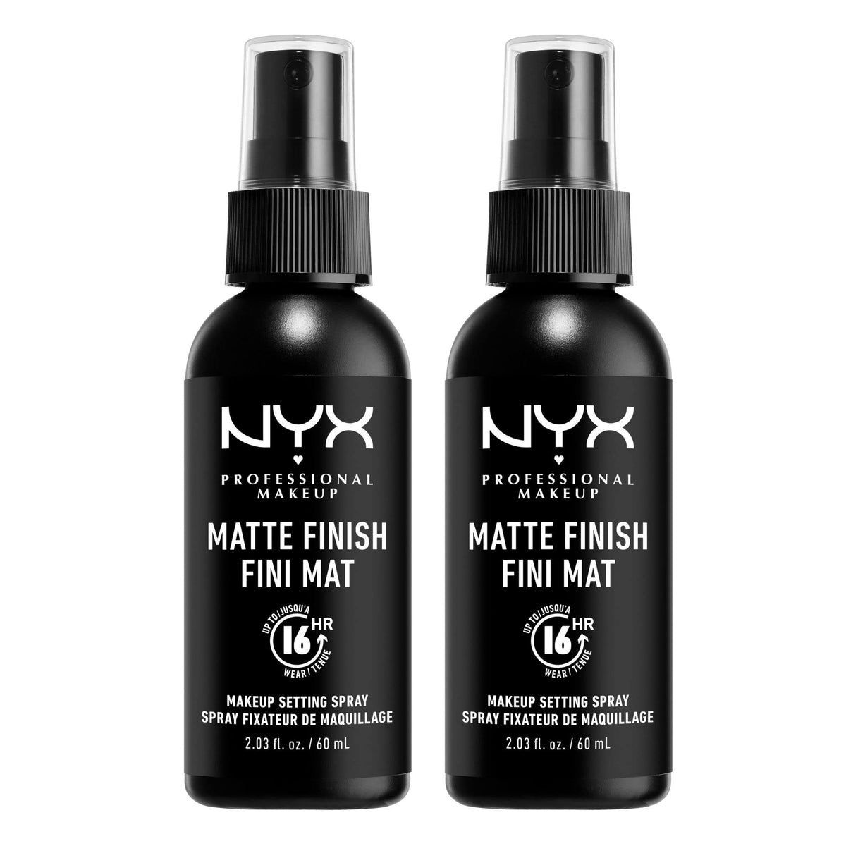 NYX PROFESSIONAL MAKEUP front packaging showing twin matte setting sprays and benefits