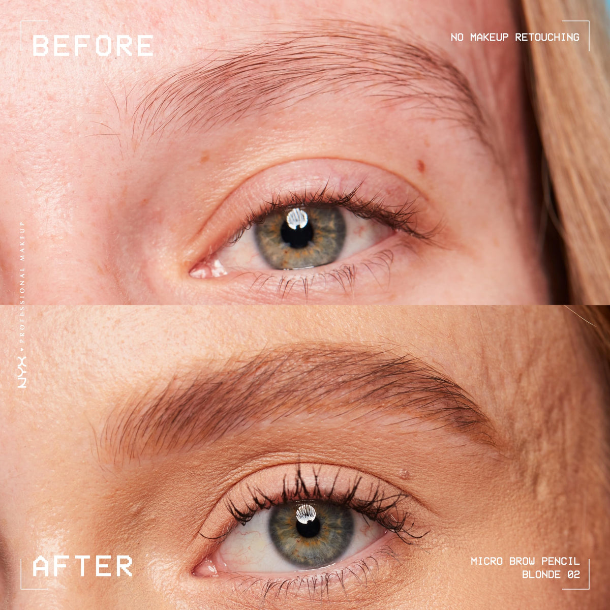 NYX PROFESSIONAL MAKEUP micro brow pencil spoolie detail demonstrating blending and groomed finish