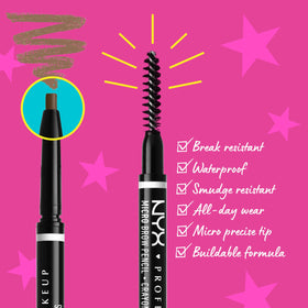 NYX PROFESSIONAL MAKEUP micro brow pencil close-up of ultra-fine tip illustrating hairlike stroke control