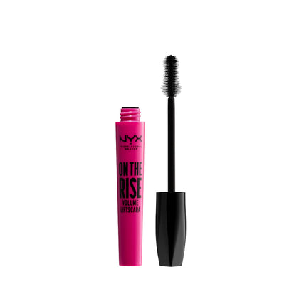 NYX front view of On The Rise mascara showing sleek tube and label, easy application benefit