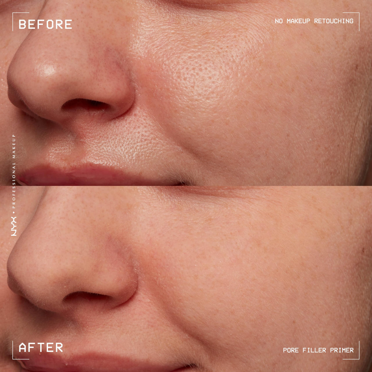 NYX PROFESSIONAL MAKEUP primer beside foundation bottle, illustrates improved makeup adhesion
