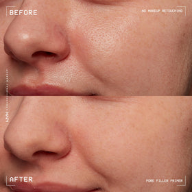 NYX PROFESSIONAL MAKEUP primer beside foundation bottle, illustrates improved makeup adhesion