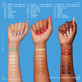NYX Pro Fix Stick swatches on arm showing color-correcting options