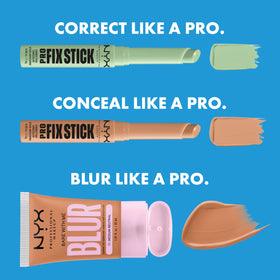 NYX Pro Fix Stick on a vanity with brushes showing fast, professional makeup results