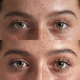 NYX before and after swiped lashes highlighting lift and volumizing effect