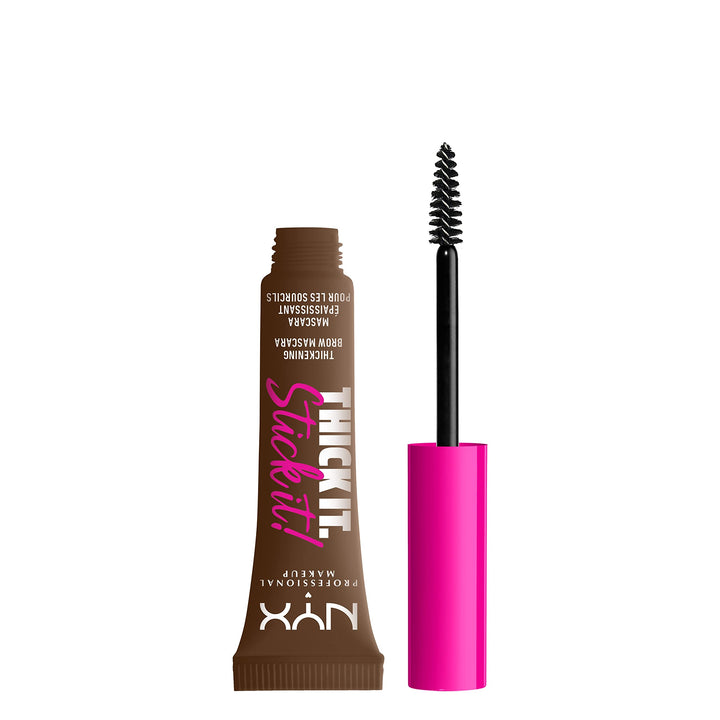 NYX PROFESSIONAL MAKEUP front packaging showing brunette brow mascara and benefits