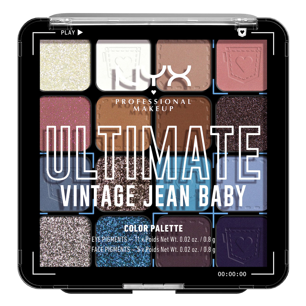 NYX PROFESSIONAL MAKEUP front packaging showing the vintage jean baby palette and branding benefit
